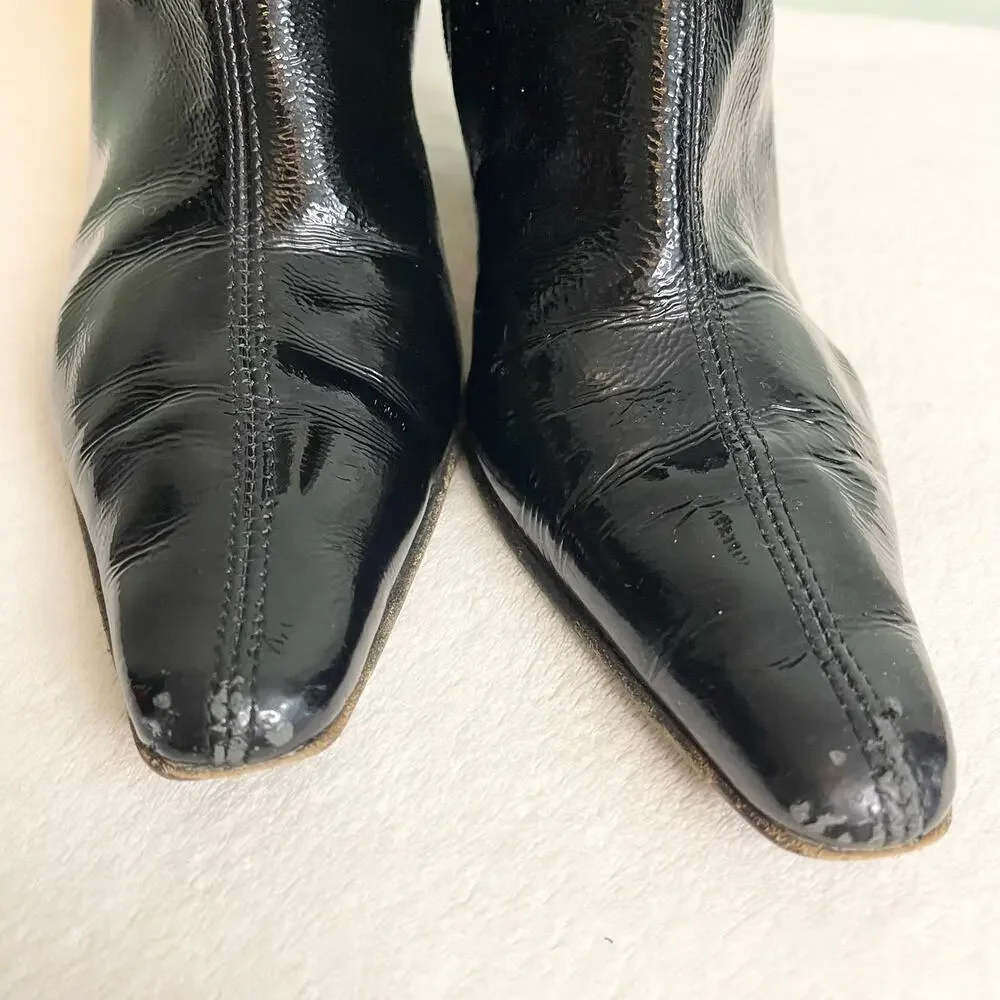 Aquatalia Leather Ankle Boots Size 8 Black Shiny Pointy Toe Luxury Made in ITALY
